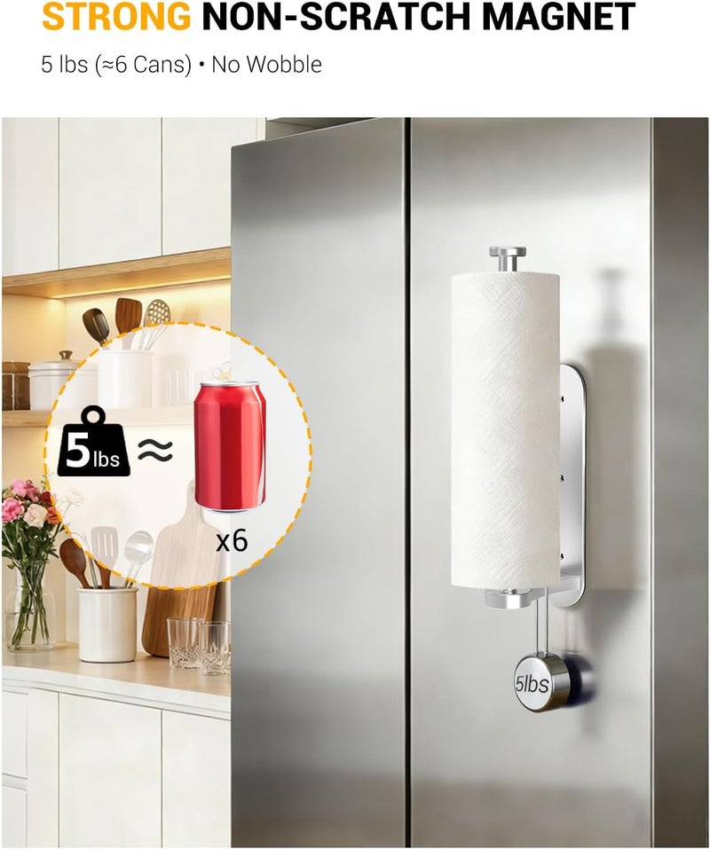 Swaitee Magnetic Paper Towel Holder for Fridge - No Drill, One Hand Tear with Ratchet Mechanism, Silver, Self-Adhesive & Wall Mount for Kitchen, RV, Garage - Image 2
